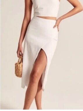 Abercrombie & Fitch Stretch Crepe High Rise Faux Wrap Slit Midi Skirt White Larg
